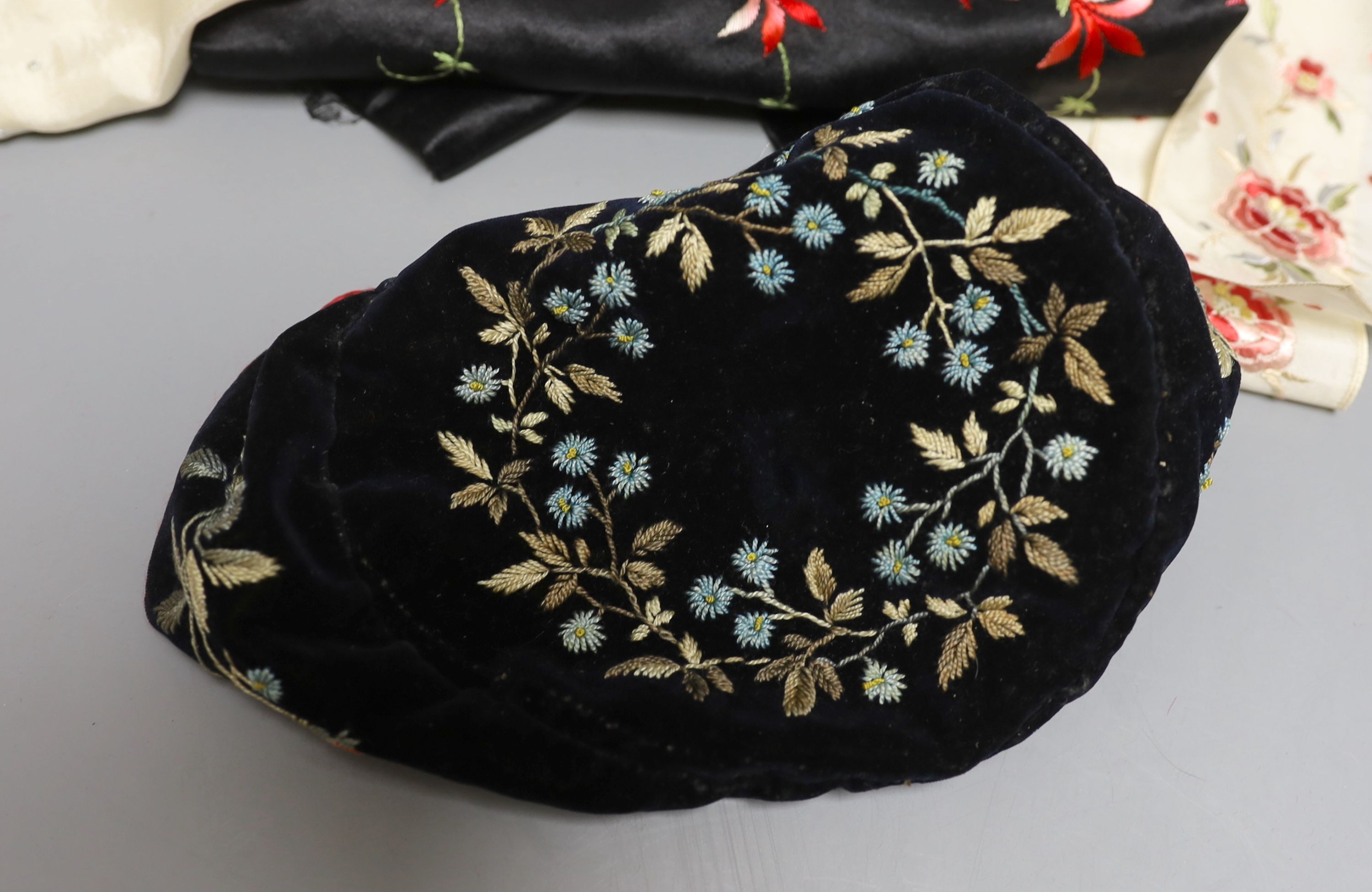 An Edwardian silk stole, a Victorian gents velvet smoking cap, various silk hankies, coloured embroidered lace collars etc